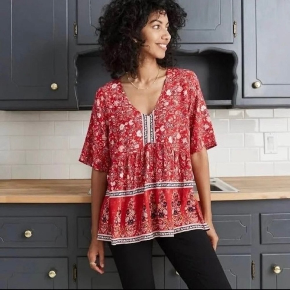NWT - KNOX ROSE Red Paisley Print Boho - Short Sleeve Top - Size M